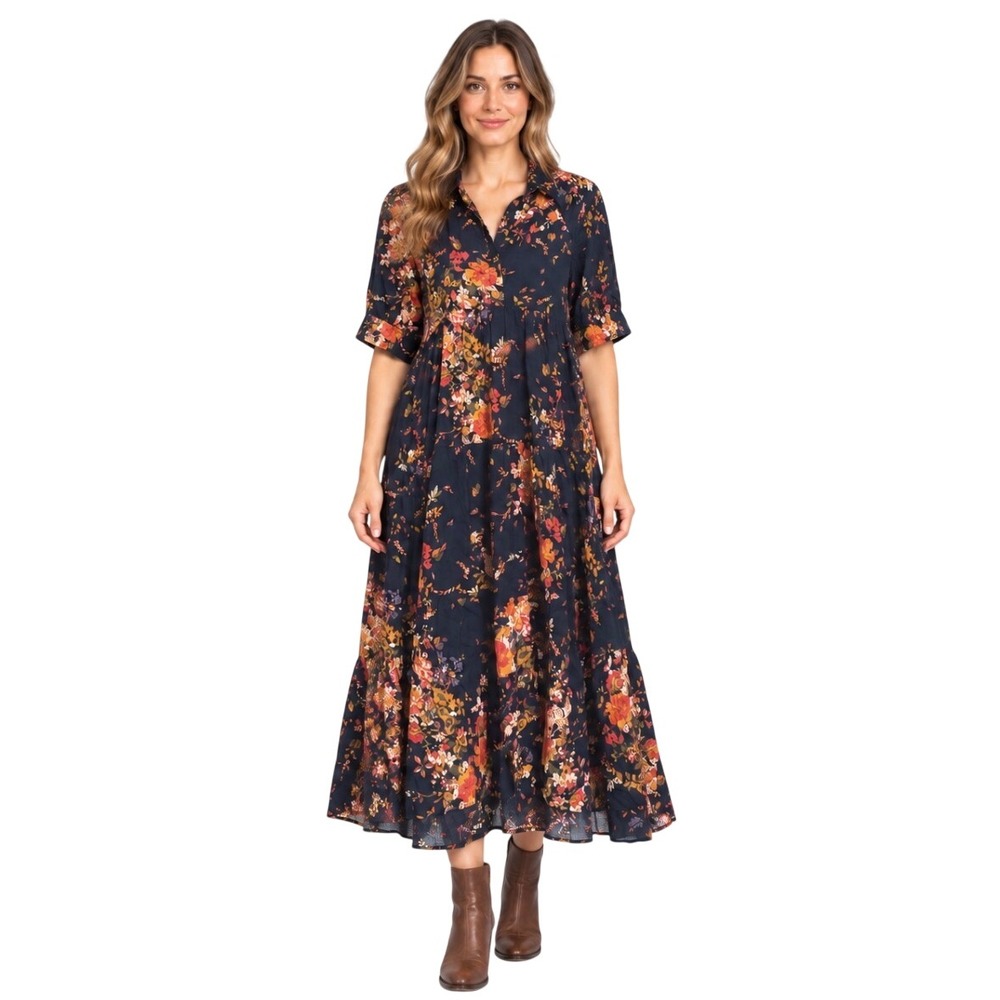NWT Natural Life Floral Tiered Maxi Dress Small Navy Boho Floral LHDRS001239